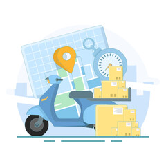 Fast Delivery Concept using scooter. Online business delivery with courier. Mobile online map navigation. Scooter with Stopwatch and pin. Flat design illustration on background.