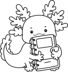 Outline of Illustration of cute axolotl activities icon.
Lineart of Funny pink axolotl in daily routine stickers.
