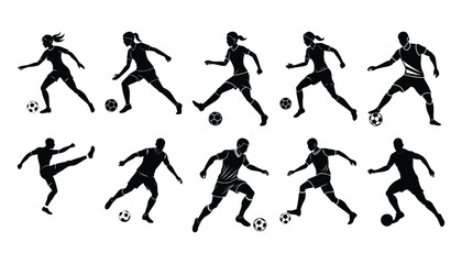 Silhouette illustrations of soccer players demonstrating various football action poses in black and white