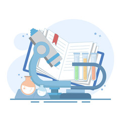 Research implementation concept, Biology and chemistry, microscope and bacteria. scientific research. cell and molecule analysis. chemical laboratory glassware. flat design illustration.