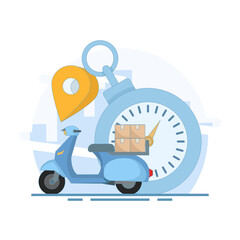 Fast Delivery Concept using scooter. Online business delivery with courier. Mobile online map navigation. Scooter with Stopwatch and pin. Flat design illustration on background.