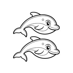 Smiling cartoon dolphins swimming underwater black and white outline illustration design