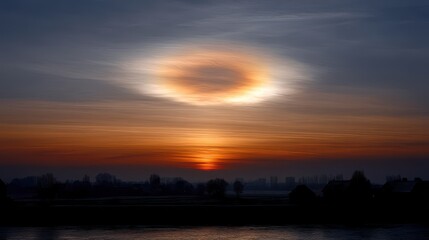 Obraz premium Atmospheric Sunset with Halo Effect and Silhouetted Trees