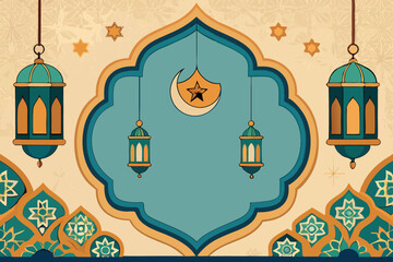 Fototapeta premium Elegant Islamic geometric pattern with intricate mosaic border and crescent moon with traditional hanging lanterns for festive use