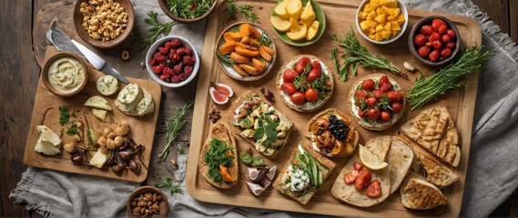 Healthy Vegan Summer Snacks on Picnic Blanket with Wooden Plateware, Fresh Herbs, and Rustic Outdoor Styling for Natural Food and Wellness Concepts