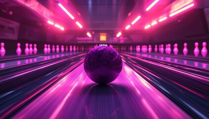 Bowling alley with vibrant pink neon lights.  A dark purple bowling ball rests on a polished lane.  Pink bowling pins line the sides