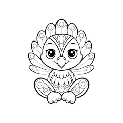 Adorable cartoon illustration of a smiling baby peacock in black and white outline