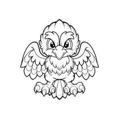 Adorable cartoon eagle mascot character with friendly eyes and open wings in black and white