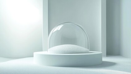 Empty glass dome over a white pedestal, minimalist scene