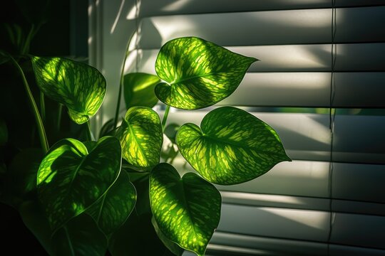Heart-shaped leaves, vibrant green, bathed in sunlight through blinds