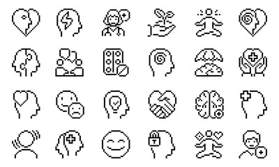 Fototapeta premium Mental health pixel icons set. Containing stress, depression, anxiety, mental care and more. Vector illustration