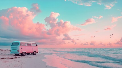 Obraz premium Pink Sunset Beach Van