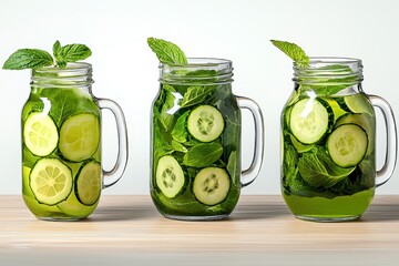 Refreshing Cucumber Mint Infused Water in Mason Jars on Bright Wooden Table