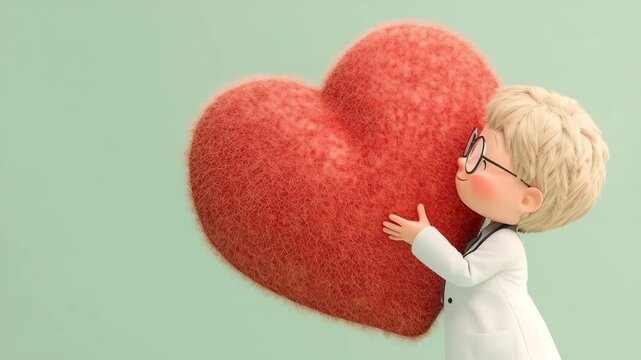 3D cute doctor hugging red heart with love and care,  emotional healthcare illustration.