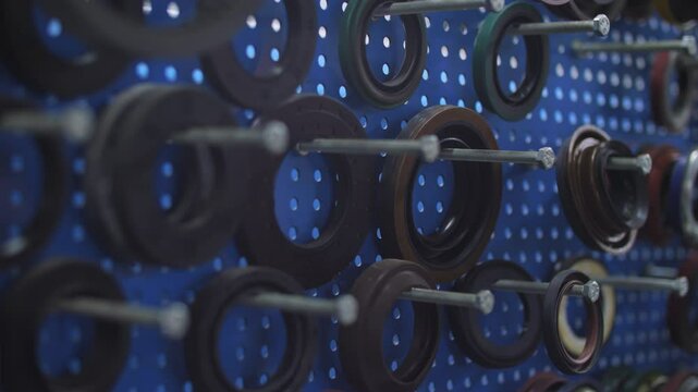 Automotive oil seals organized on pegboard in repair shop