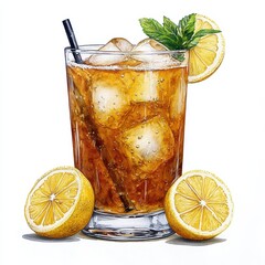 Refreshing Iced Tea with Lemon and Mint Watercolor Illustration