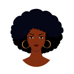Black woman avatar. Portrait of beautiful young dark-skinned girl. Black afro woman illustration. Concept of beauty salon, hairdresser. Fight for rights, independence, equality. Feminism, freedom