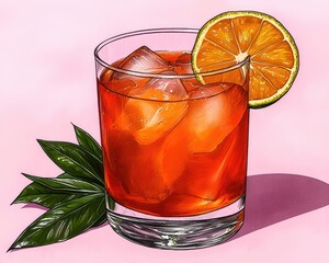 Refreshing Orange Cocktail Illustration with Ice and Garnish on Pink