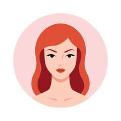 Portrait of young woman. Avatar for social network.  International Women's Day on March 8. Gender equality and women empowerment. Portrait of red-haired girl in round frame. Flat illustration