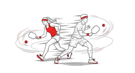 Obraz premium Dynamic black and white illustration of pickleball players in action on a white background