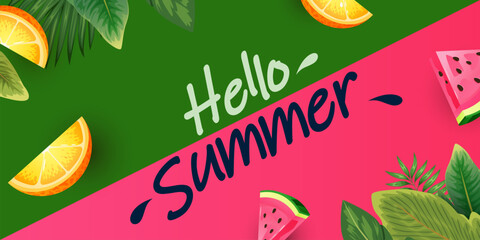 Naklejka premium Hello Summer poster with tropic leaves, watermelon and orange slices.