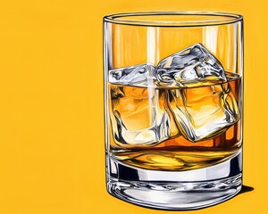 Refreshing Whiskey and Ice in a Glass with Golden Hue against a Yellow Backdrop