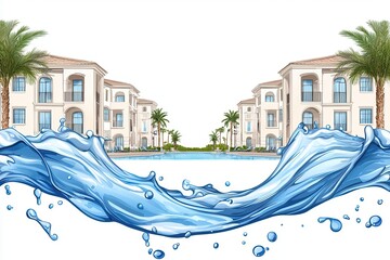 Resort Buildings with Palm Trees Illustration and Dynamic Water Splash on White Background