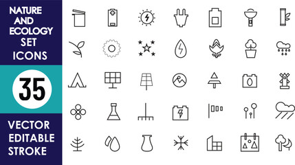 35 minimalist vector icons in editable stroke style, themed around nature and ecology, featuring plants, solar panels, energy symbols, trees, water, and lab equipment