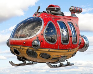 Retro Futuristic Red and Beige Helicopter Soaring Through a Cloudy Sky
