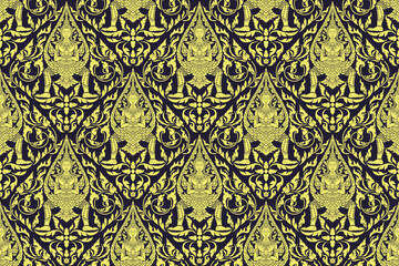 seamless traditional Thai art bold gold colored pattern in damask style motifs suitable for wallpaper, cloth, textile, tile and fabric design isolated over black colored background.