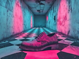 Distorted reality, shoe in perspective, surreal hallway, neon ambiance