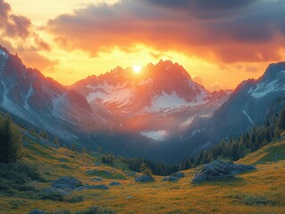 Majestic sunset over rugged mountain peaks with vibrant sky and lush valley