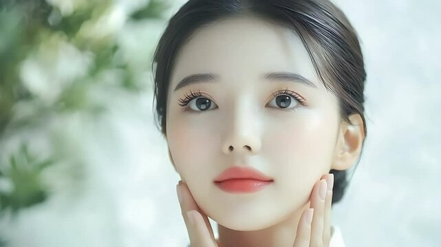Beautiful korean model gently touching face with natural makeup