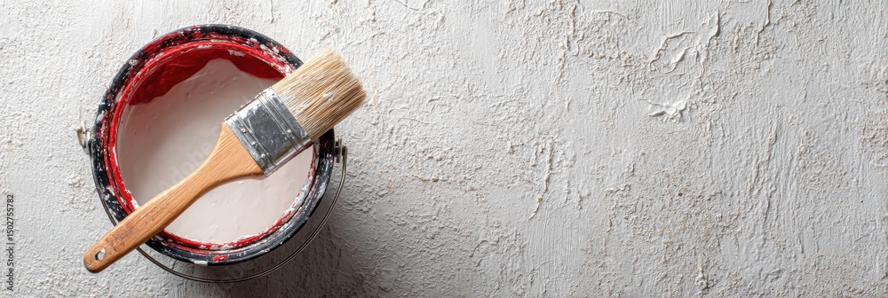Poster bucket of primer paint and brush resting on textured wall preparing for a new coat in a home renovat