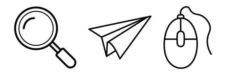 Search communication and navigation icon set vector illustration for digital interface discovery technology direction internet cursor exploration connectivity send click.
