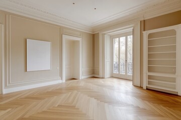 Empty, light-filled room with beige walls, white trim, and herringbone floors