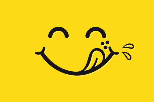 Yummy face smiley icon delicious with tongue lick mouth, tasty food eating emoticon face on yellow background, tasty emoji with saliva drops, smile vector cartoon line style