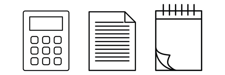 Calculator paper and notebook icon set vector illustration for school study education office tools stationary document writing and record keeping.