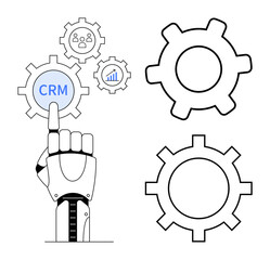 Robotic hand pointing to CRM gear surrounded by icons for people and graphs, symbolizing automation, technology, customer management, data analysis, productivity. Ideal for CRM, AI, automation