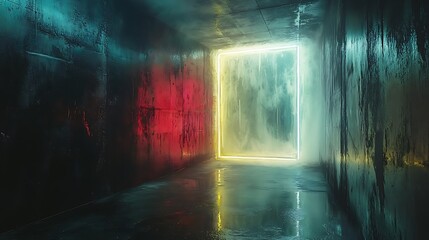 Illuminated portal in dark concrete space revealing colors and reflections