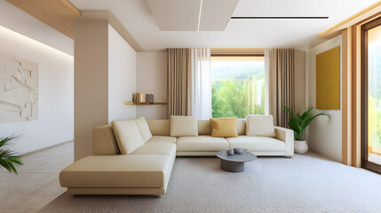 Fototapeta premium Minimalist living room with beige sofa and abstract art, bathed in soft natural light, embodying contemporary elegance and tranquility.