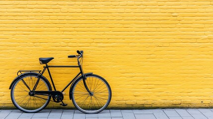 Black Bicycle Leaning Against a Yellow Brick Wall