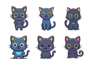 Cute Black Cat Cartoon Vector Icon Set – Adorable Kitty Silhouette with Various Expressions and Poses for Halloween, Pet, Animal Design Projects