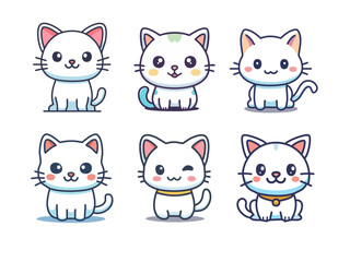 Cute White Cat Cartoon Vector Icon Set – Adorable Kawaii Kitty in Various Poses and Expressions for Pet Design, Kids Illustration, and Animal Lovers