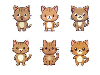 Cute Brown Cat Cartoon Vector Icon Set – Adorable Kitty Character in Various Poses and Expressions for Pet Designs, Kids Projects, and Animal Illustrations