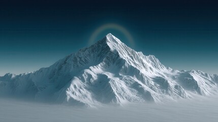 Snow Capped Mountain Peak Above Clouds at Twilight