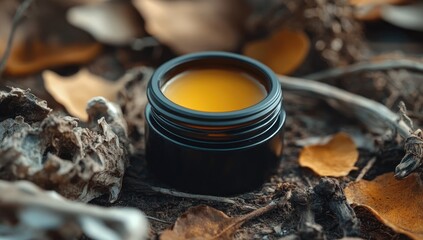 Amber cosmetic jar nestled in autumn leaves