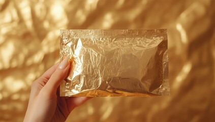 Hand holding gold foil packet on gold background