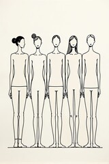 continuous line drawing of five different people standing side by side, minimalist black ink