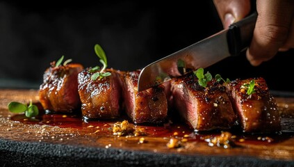 Sliced grilled meat on a wooden board.  Hand holds knife slicing